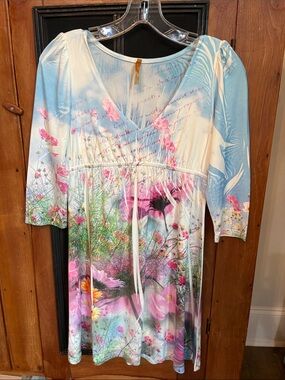 Floral V-Neck Women’s Dress in Blue, Pink and White